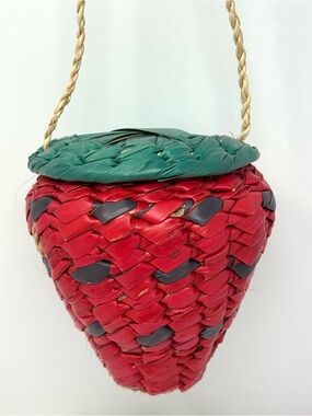 Strawberry Handwoven Crossbody Bag Artsy Cottagecore Eclectic Straw Fruit Bag